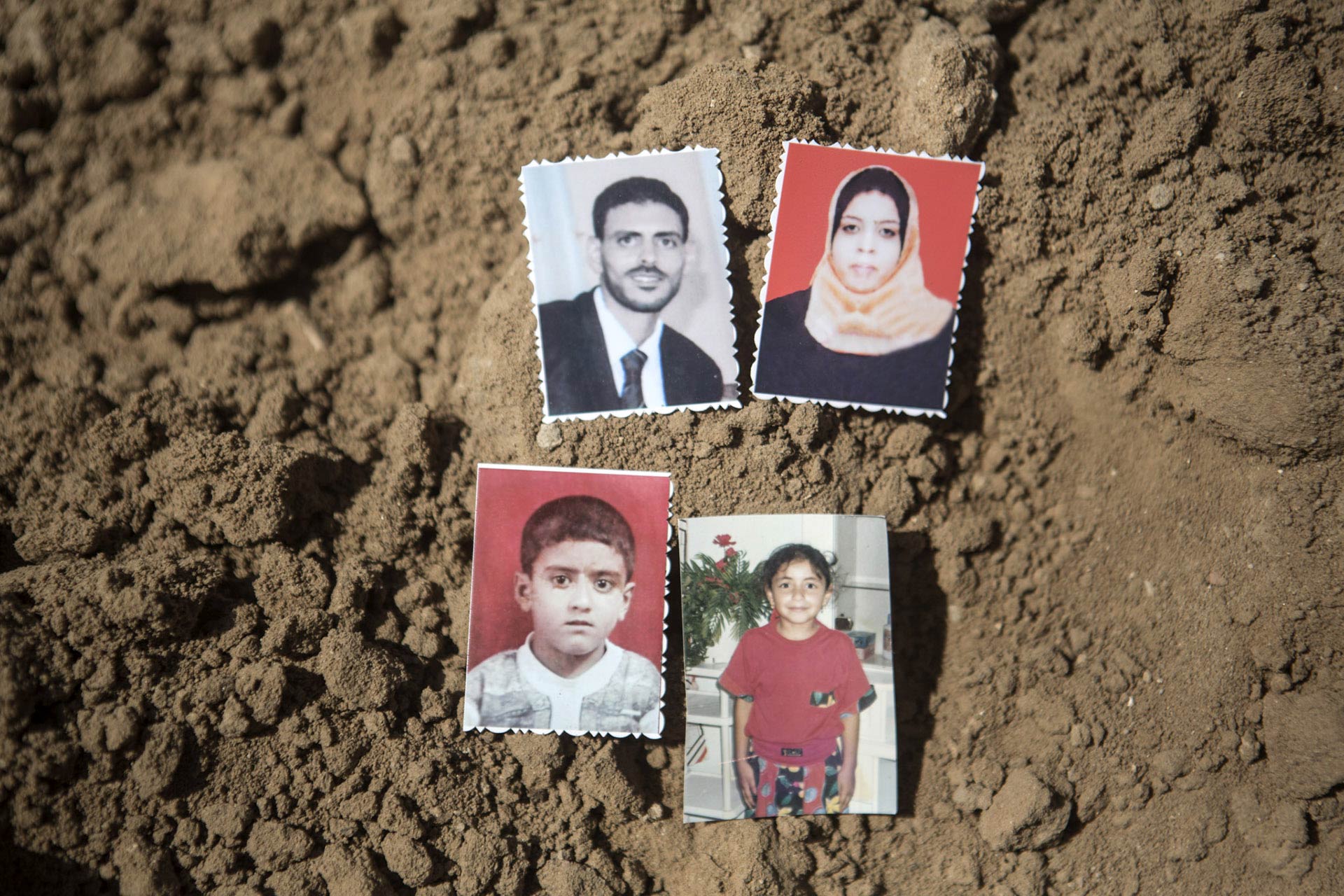 Rafat, Mustafa's son, had three little kids. Two boys, the eldest ten-year-old Mustafa, named traditionally after his grandfather, Maysara, seven years old, and a daughter named Farah, six years old. His wife Nabila was pregnant at the time of the attack. The photo of 10-year-old Mustafa is missing.
